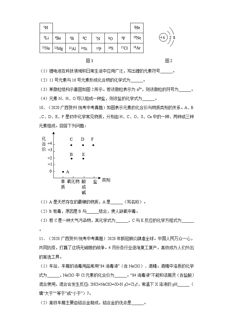 2020-2022广西贺州市中考化学三年真题知识点分类汇编4-化学式与化合价（含解析）03