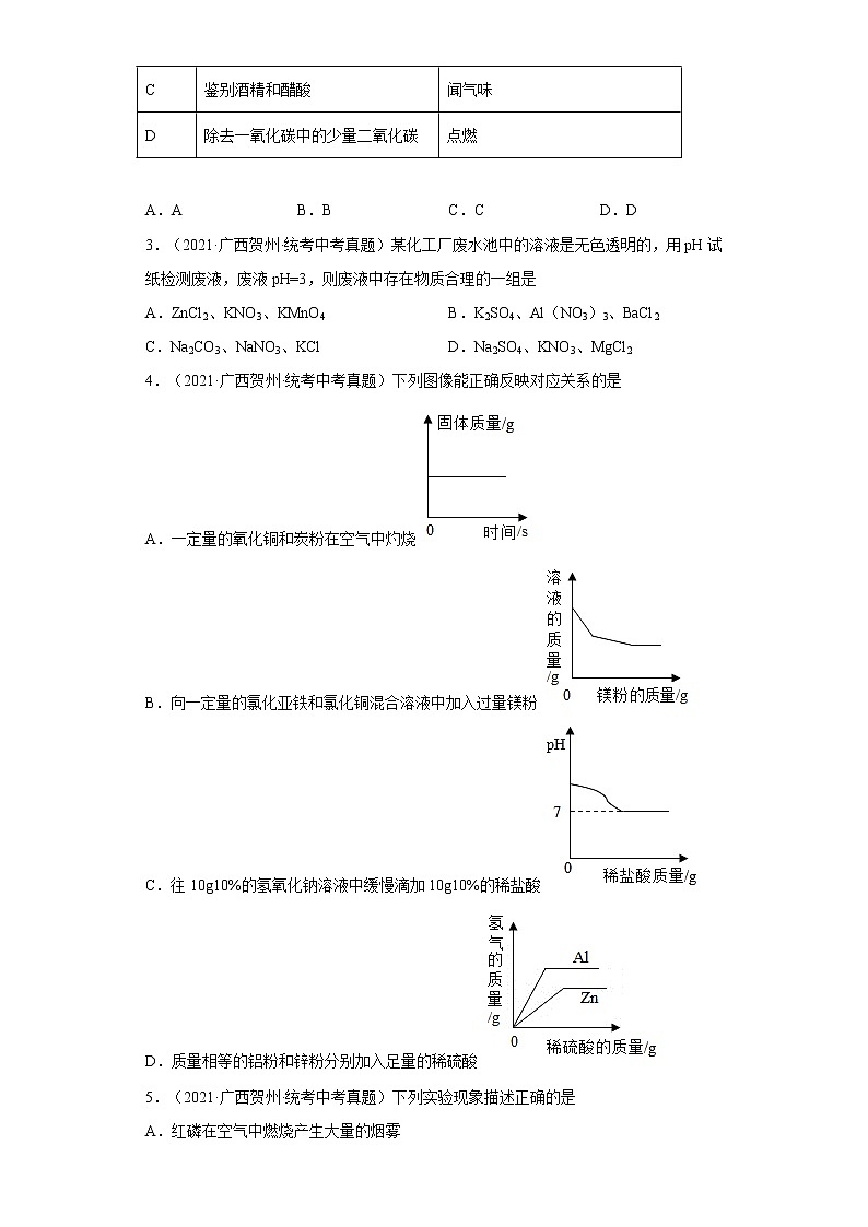 2020-2022广西贺州市中考化学三年真题知识点分类汇编9-酸和碱、中和反应（含解析）02