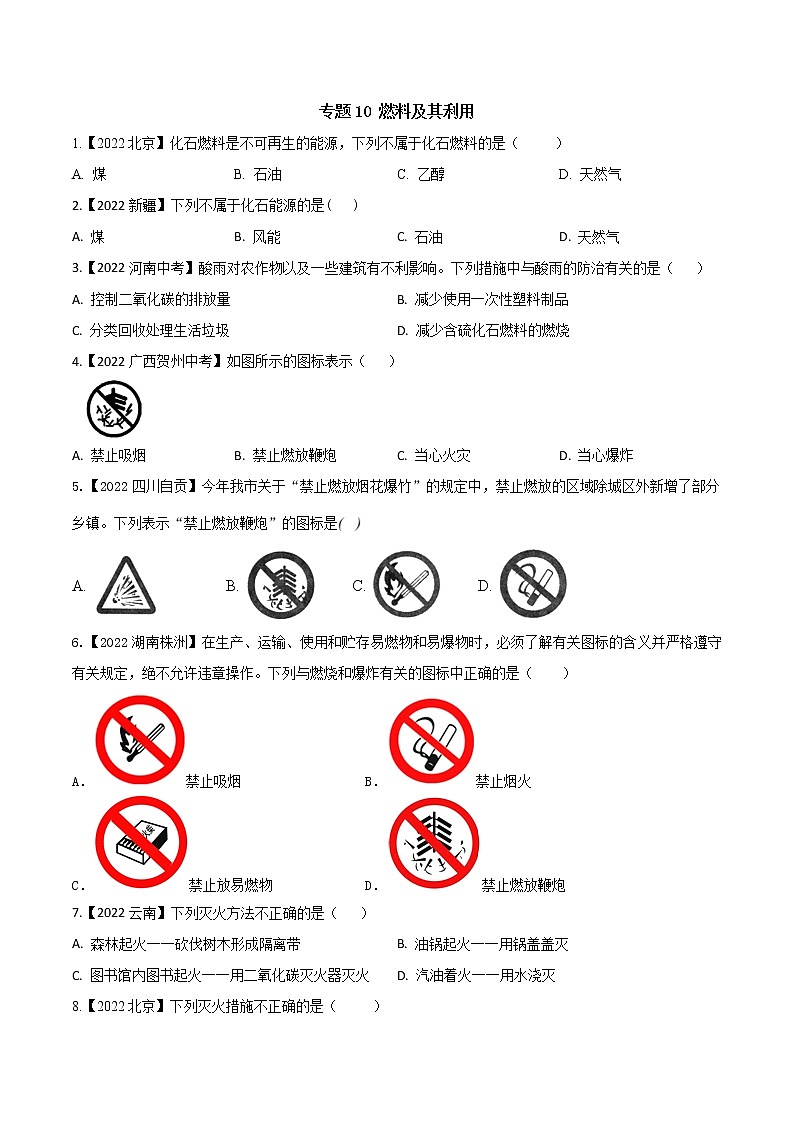 2022年中考化学真题分类汇编  专题10 燃料及其利用(原卷版)第1页