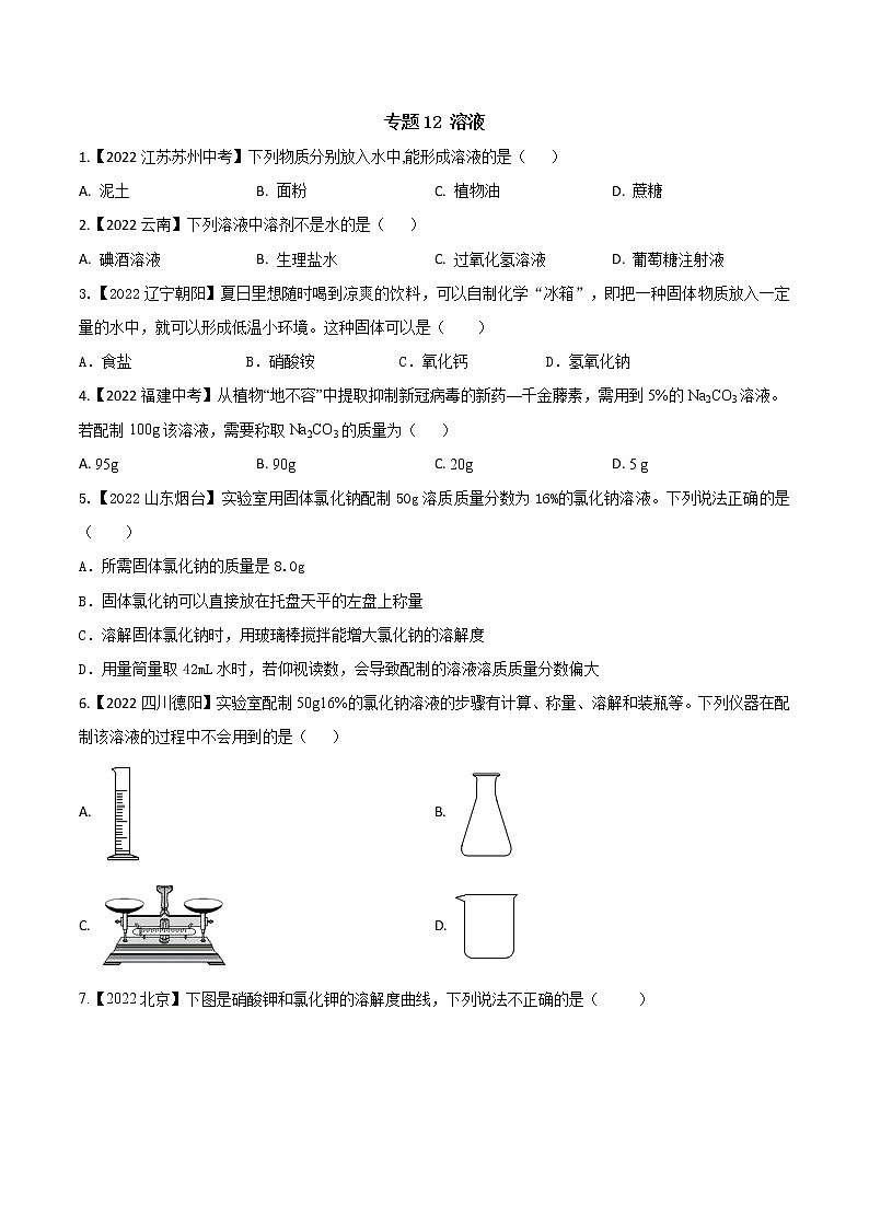 2022年中考化学真题分类汇编  专题12 溶液(原卷版)第1页