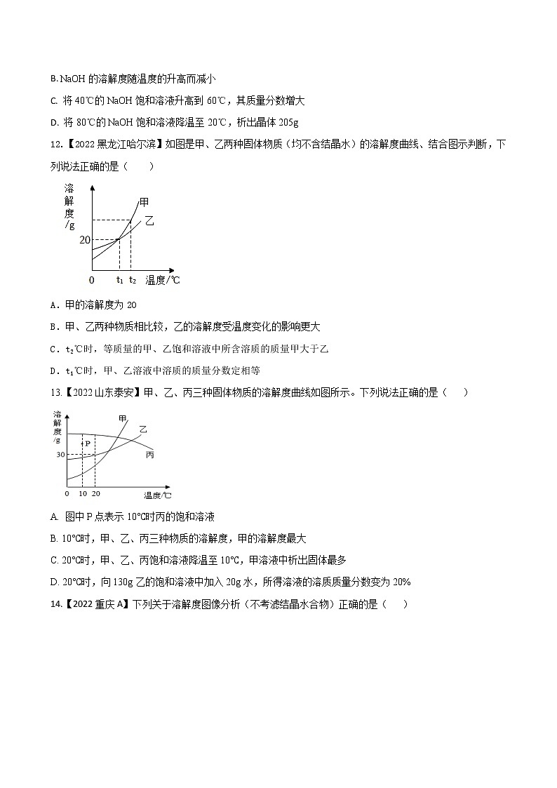 2022年中考化学真题分类汇编  专题12 溶液(原卷版)第3页