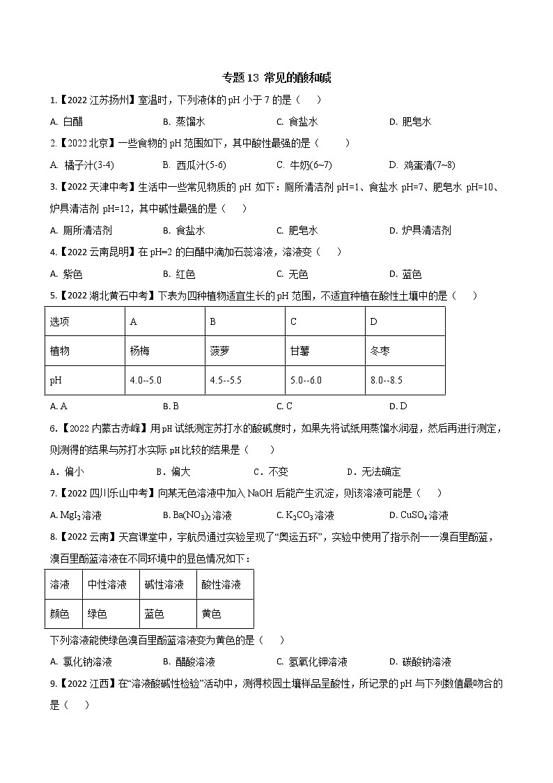 2022年中考化学真题分类汇编  专题13 常见的酸和碱(原卷版)第1页