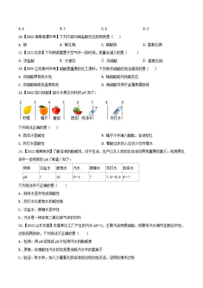2022年中考化学真题分类汇编  专题13 常见的酸和碱(原卷版)第2页