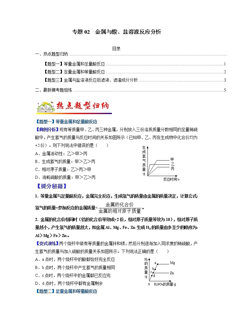 【江苏专用】2023年中考化学二轮重难点题型归纳与练习学案——专题02 金属与酸、盐溶液反应分析 （原卷版）第1页