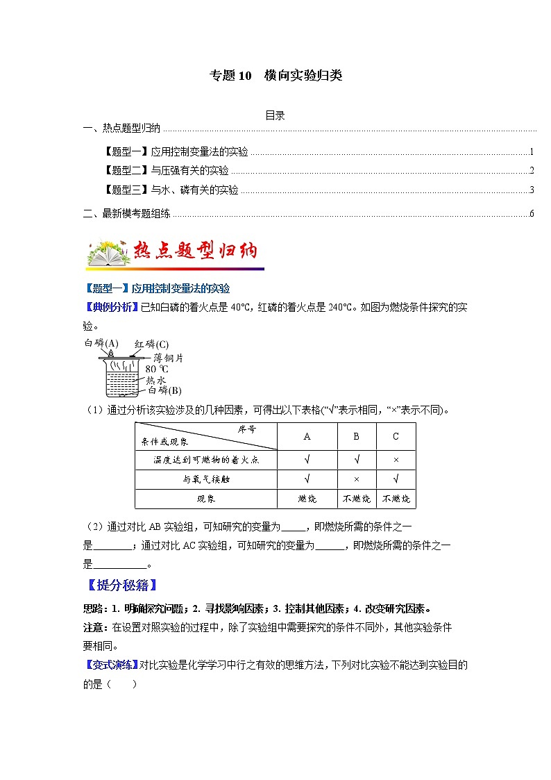 【江苏专用】2023年中考化学二轮重难点题型归纳与练习学案——专题10 横向实验归类 （原卷版）第1页