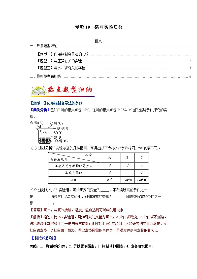 【江苏专用】2023年中考化学二轮重难点题型归纳与练习学案——专题10 横向实验归类 （解析版）第1页
