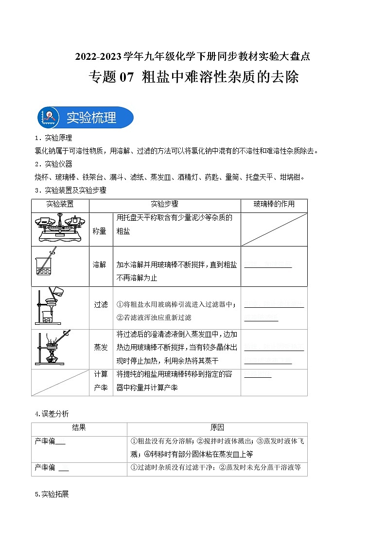 专题07粗盐中难溶性杂质的去除-2022-2023学年九年级化学下册教材实验大盘点（人教版）01