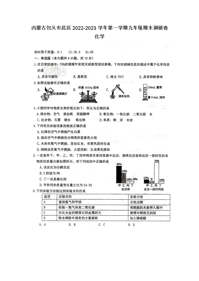 内蒙古包头市昆都仑区2022-2023学年九年级上学期期末调研化学试卷第1页