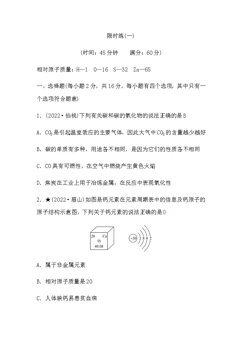 鲁教版中考化学复习限时练(一)含答案第1页
