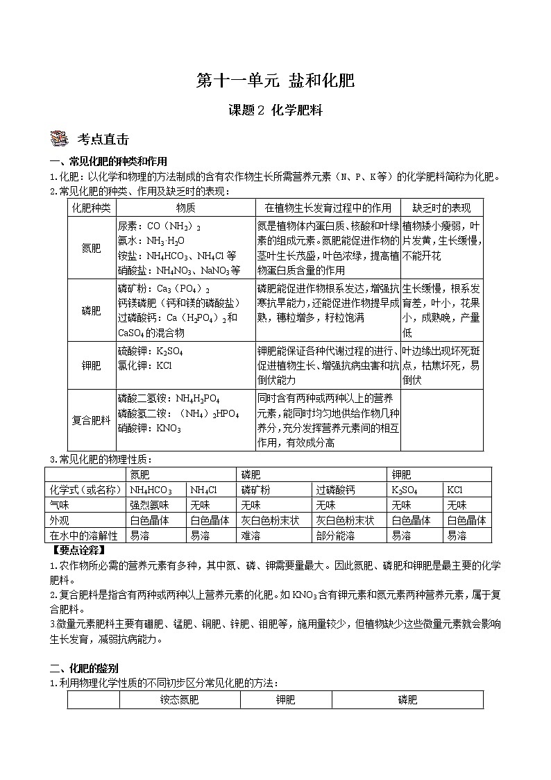课题2 化学肥料-九年级化学下册尖子生必备考点精讲精练（人教版）（原卷版）第1页