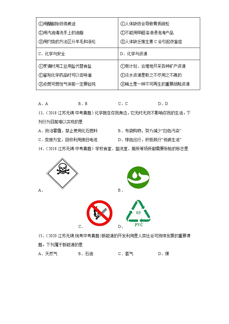 江苏省无锡市五年（2018-2022）中考化学真题分题型分层汇编-06化学与社会发展第3页