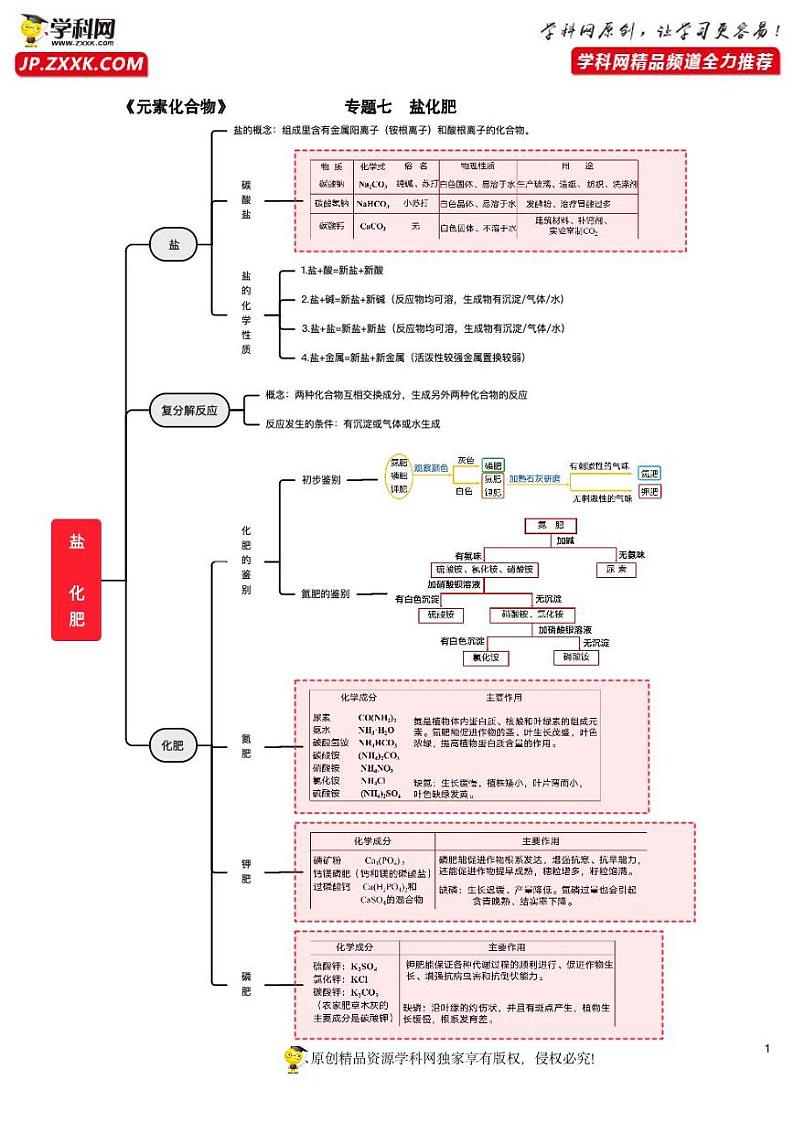 专题07 盐、化肥——2023年中考化学必背知识点梳理+思维导图01