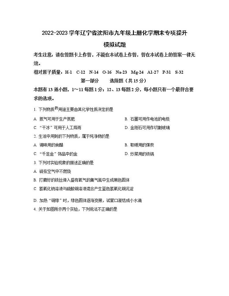 2022-2023学年辽宁省沈阳市九年级上册化学期末专项提升模拟试题（含解析）01