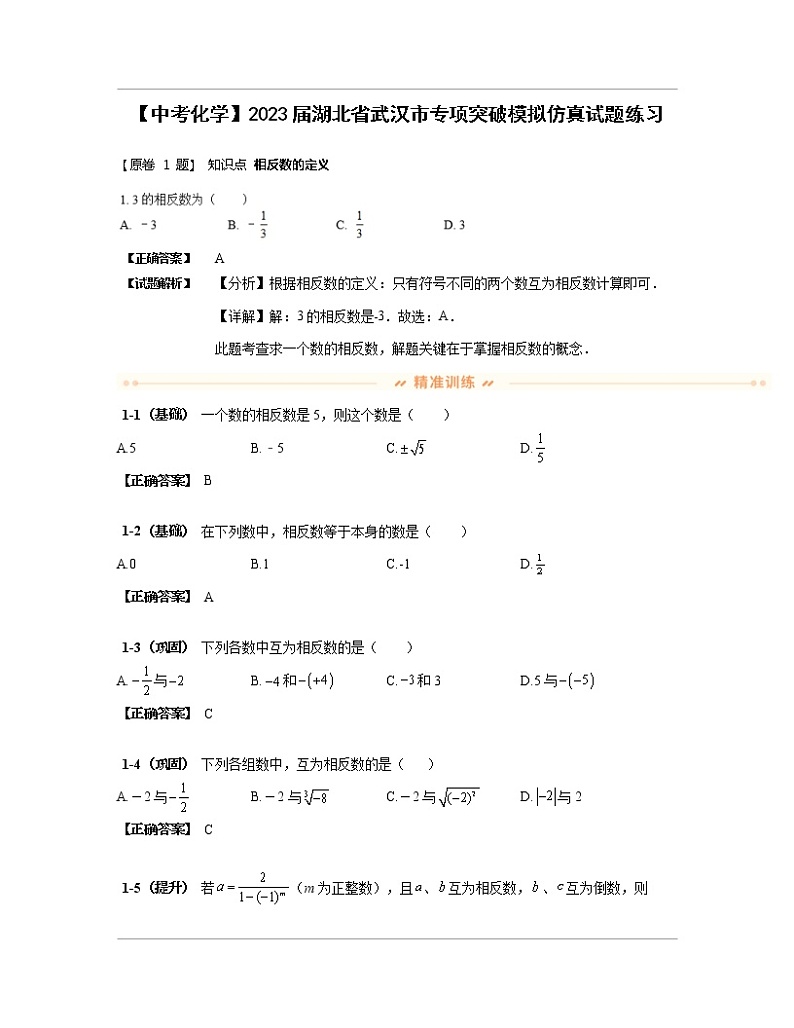 【中考化学】2023届湖北省武汉市专项突破模拟仿真试题练习（含解析）01