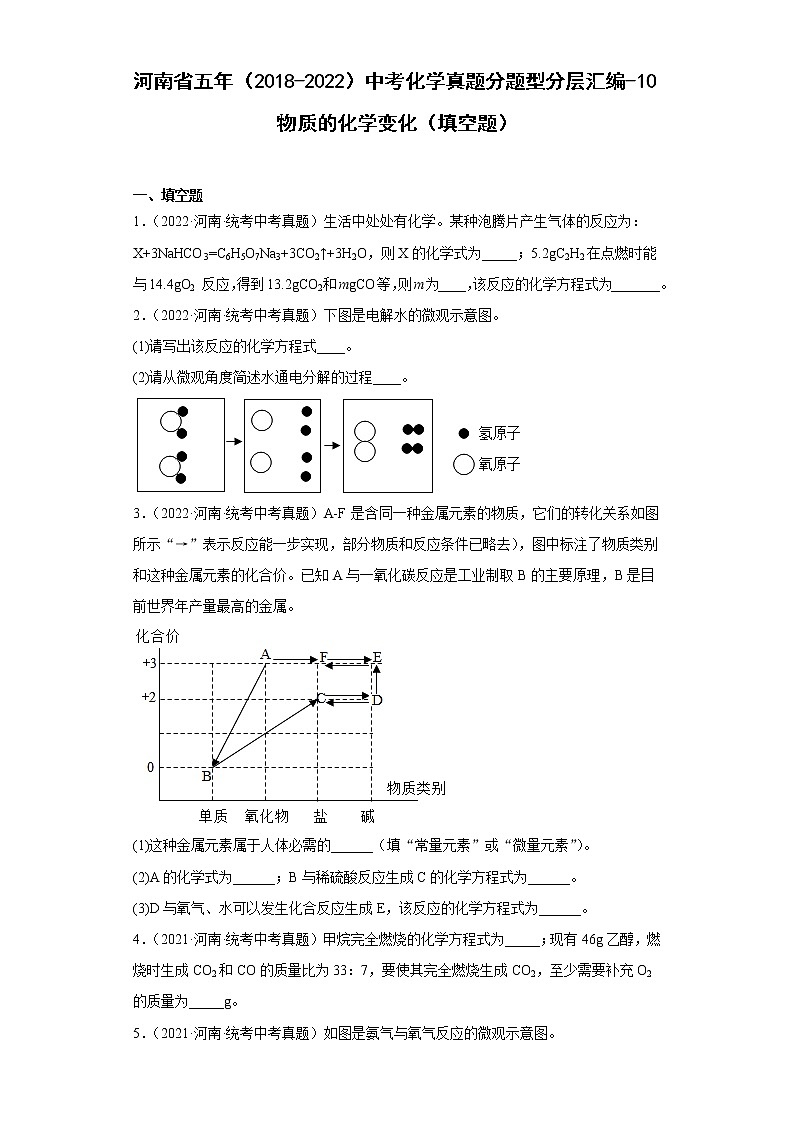 河南省五年（2018-2022）中考化学真题分题型分层汇编-10物质的化学变化（填空题）01