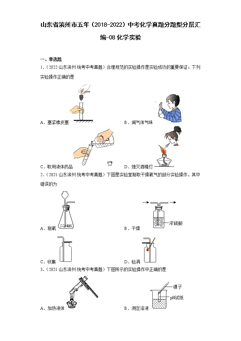 山东省滨州市五年（2018-2022）中考化学真题分题型分层汇编-08化学实验第1页