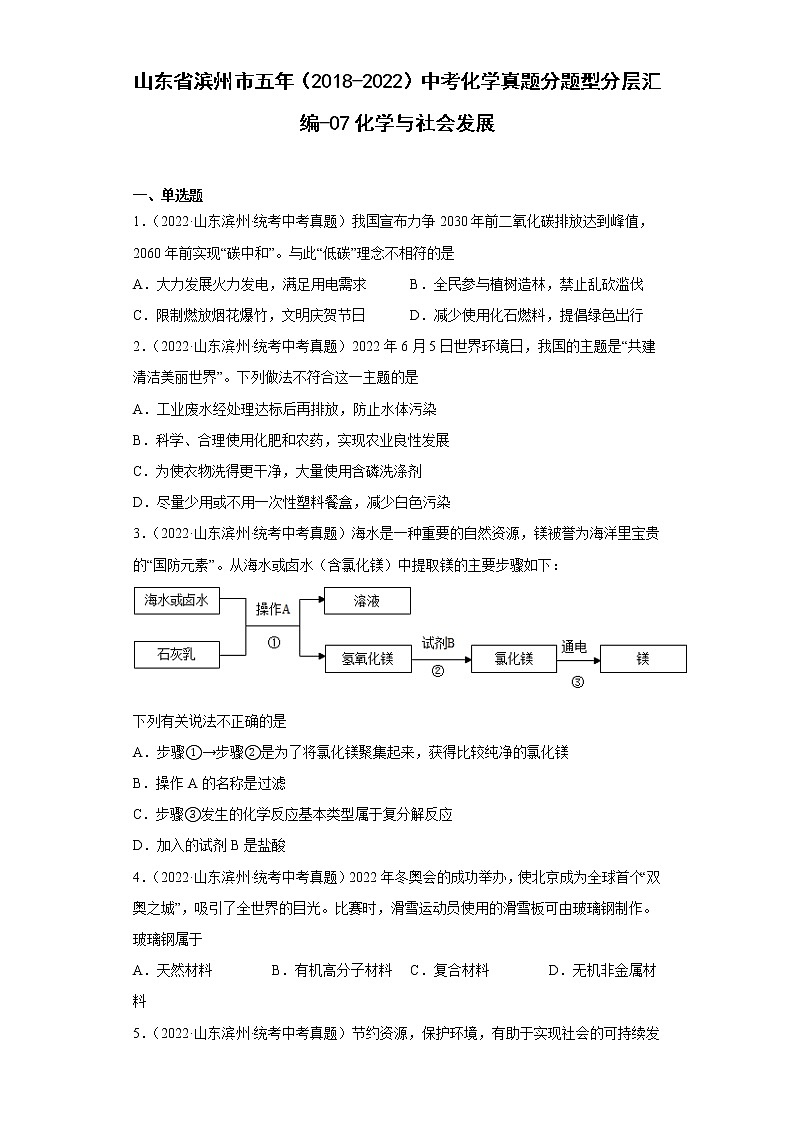 山东省滨州市五年（2018-2022）中考化学真题分题型分层汇编-07化学与社会发展01