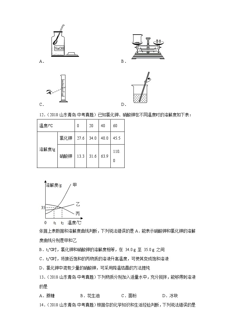 山东省青岛市五年（2018-2022）中考化学真题分题型分层汇编-08身边常见化学物质（溶液）第3页