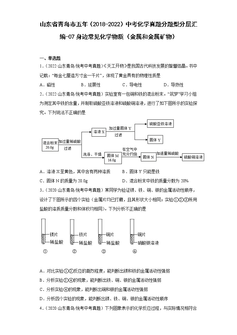 山东省青岛市五年（2018-2022）中考化学真题分题型分层汇编-07身边常见化学物质（金属和金属矿物）第1页