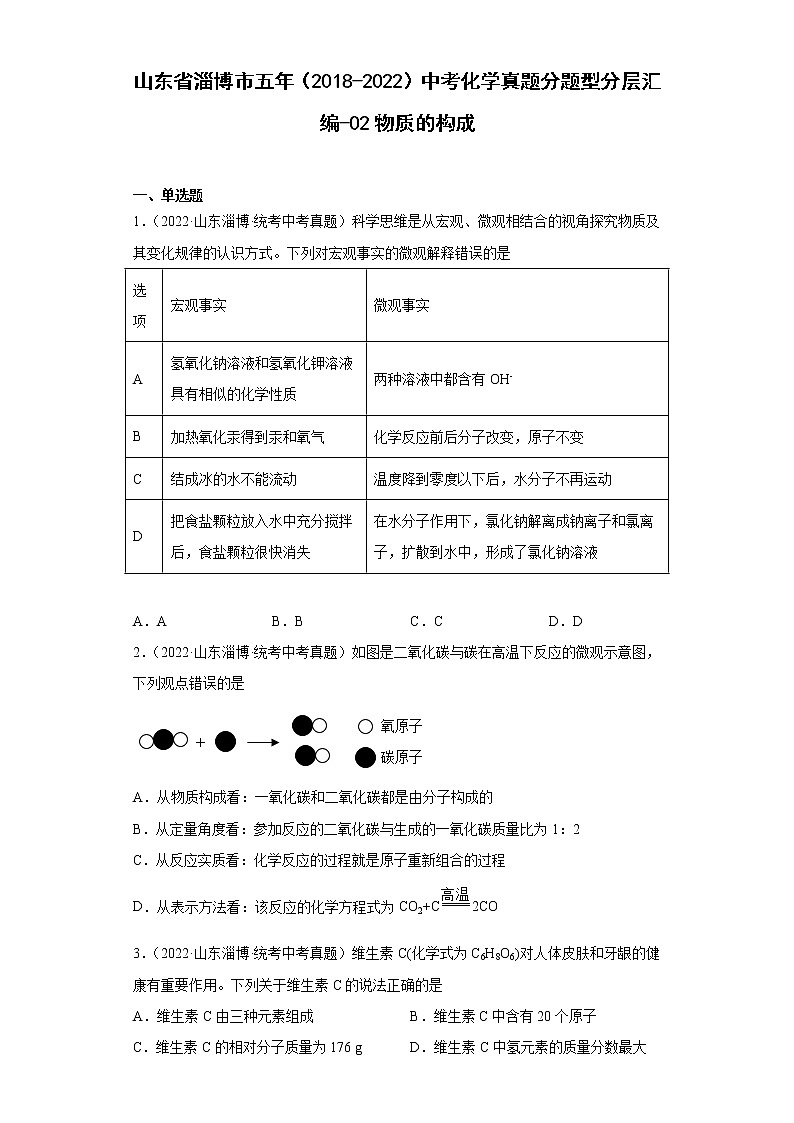 山东省淄博市五年（2018-2022）中考化学真题分题型分层汇编-02物质的构成第1页