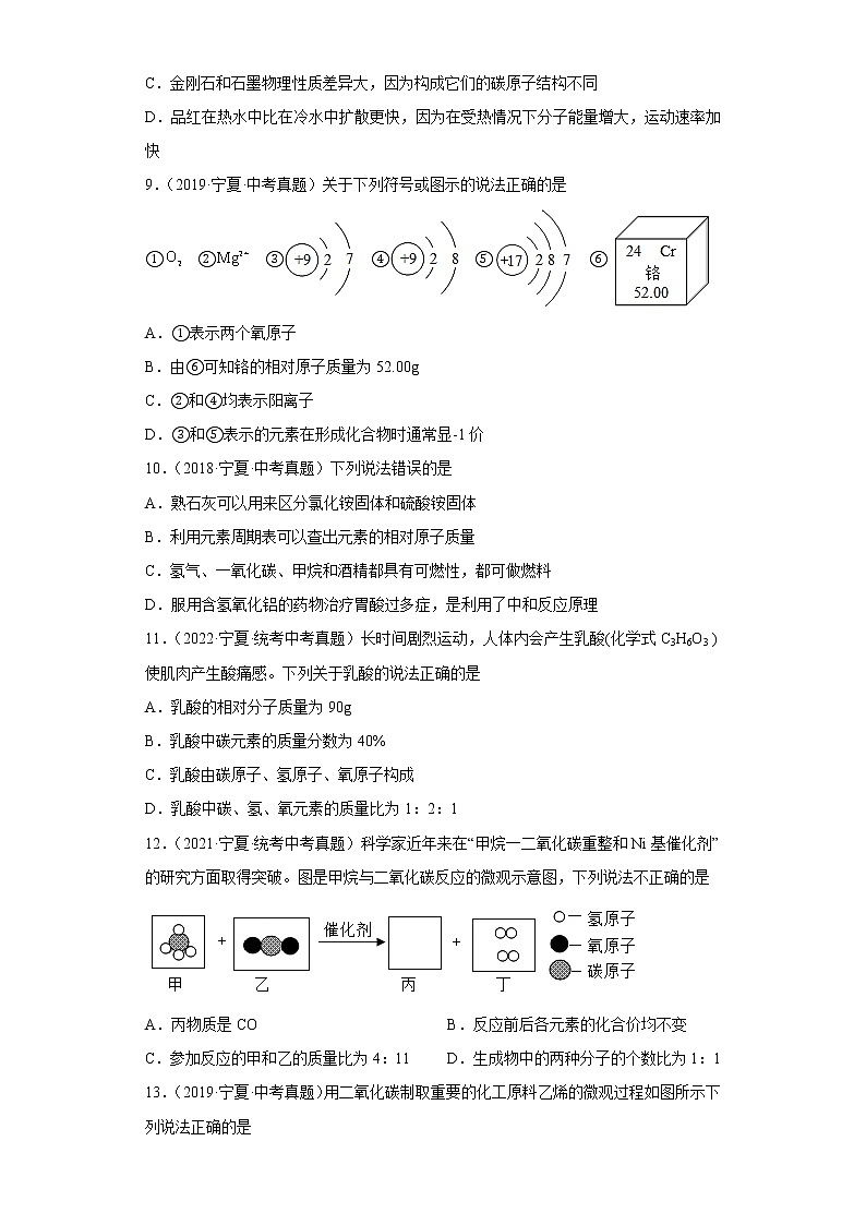 宁夏五年（2018-2022）中考化学真题分题型分层汇编-02物质的构成03