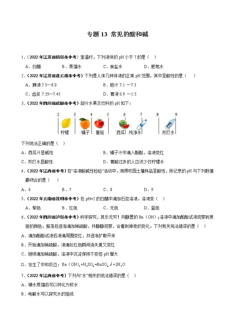 2022年中考化学真题分类汇编专题13 常见的酸和碱（原卷版）第1页