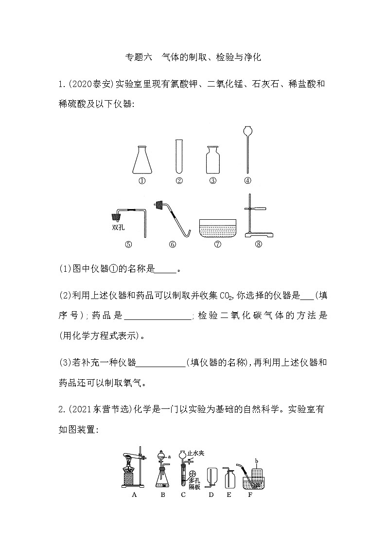 2023年中考化学鲁教版（五四学制）一轮专题六 气体的制取、检验与净化第1页