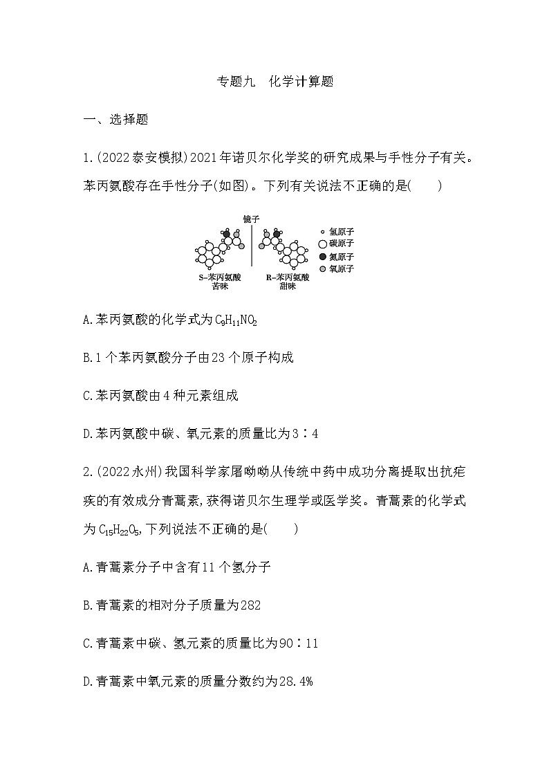 2023年中考化学鲁教版（五四学制）一轮专题九 化学计算题第1页