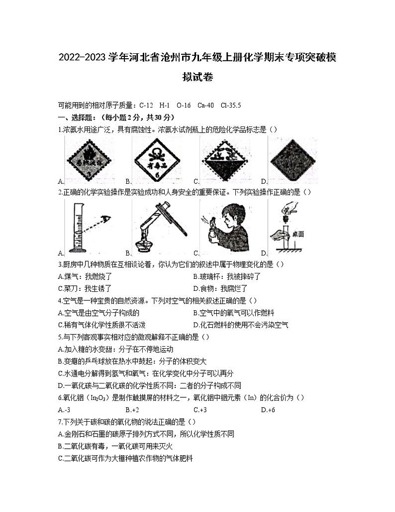 2022-2023学年河北省沧州市九年级上册化学期末专项突破模拟试卷（含解析）第1页