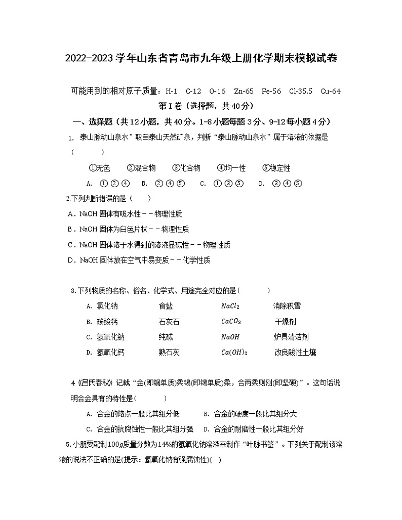 2022-2023学年山东省青岛市九年级上册化学期末模拟试卷（含解析）01