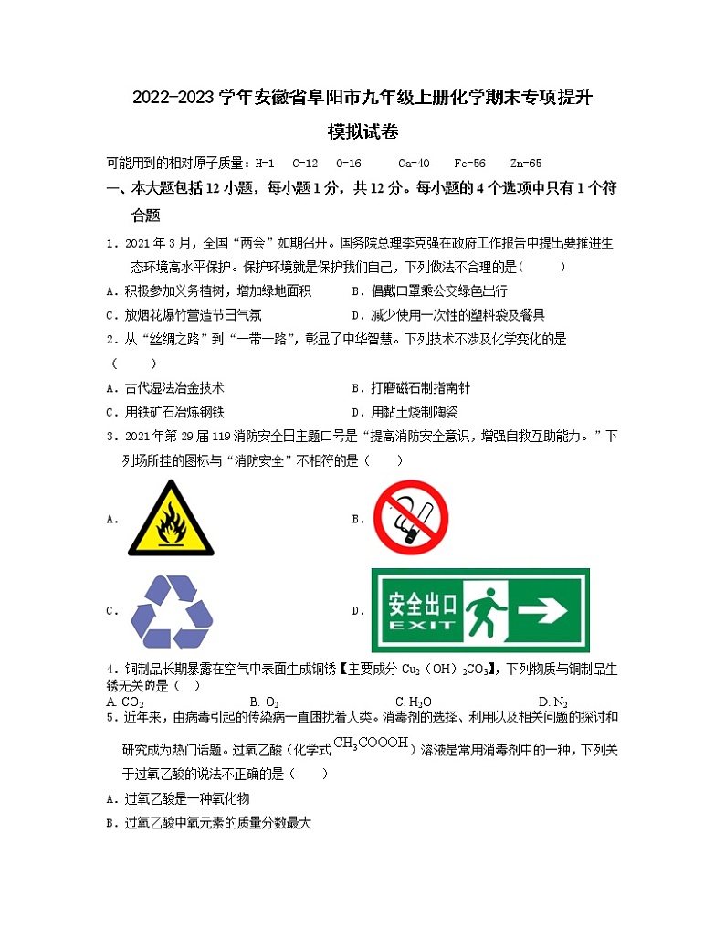2022-2023学年安徽省阜阳市九年级上册化学期末专项提升模拟试卷（含解析）第1页