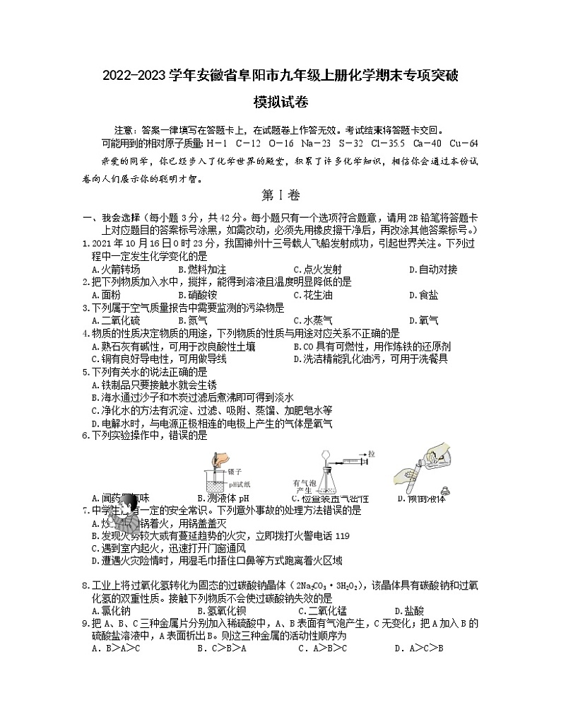 2022-2023学年安徽省阜阳市九年级上册化学期末专项突破模拟试卷（含解析）01