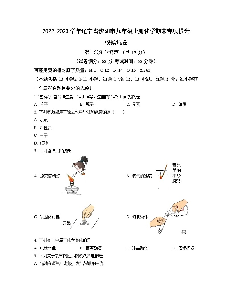 2022-2023学年辽宁省沈阳市九年级上册化学期末专项提升模拟试卷（含解析）01