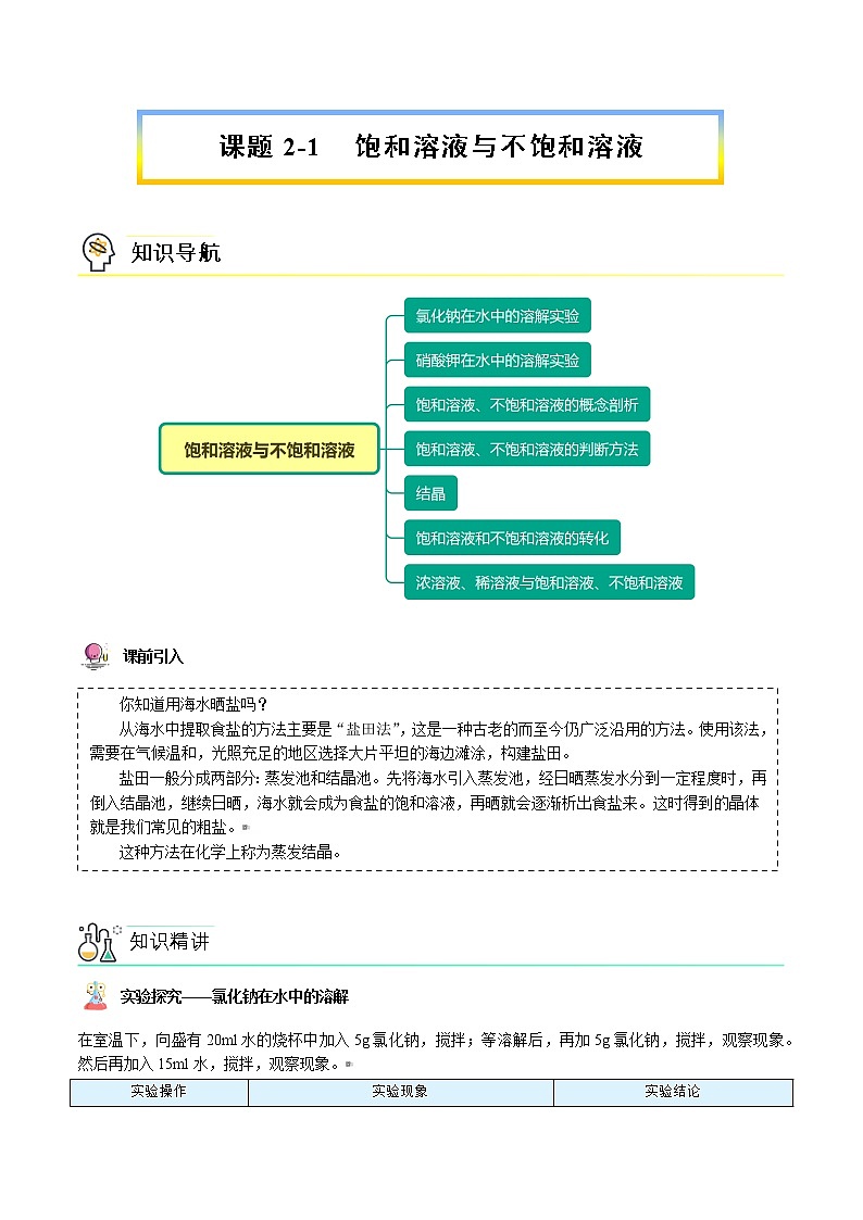课题2-1 饱和溶液与不饱和溶液（学生版）-九年级下册化学同步精品讲义（人教版）第1页