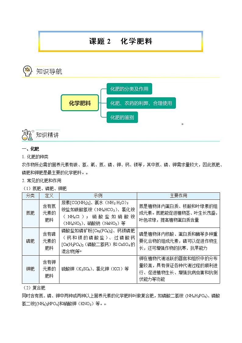 课题2 化学肥料（学生版）-九年级下册化学同步精品讲义（人教版）第1页