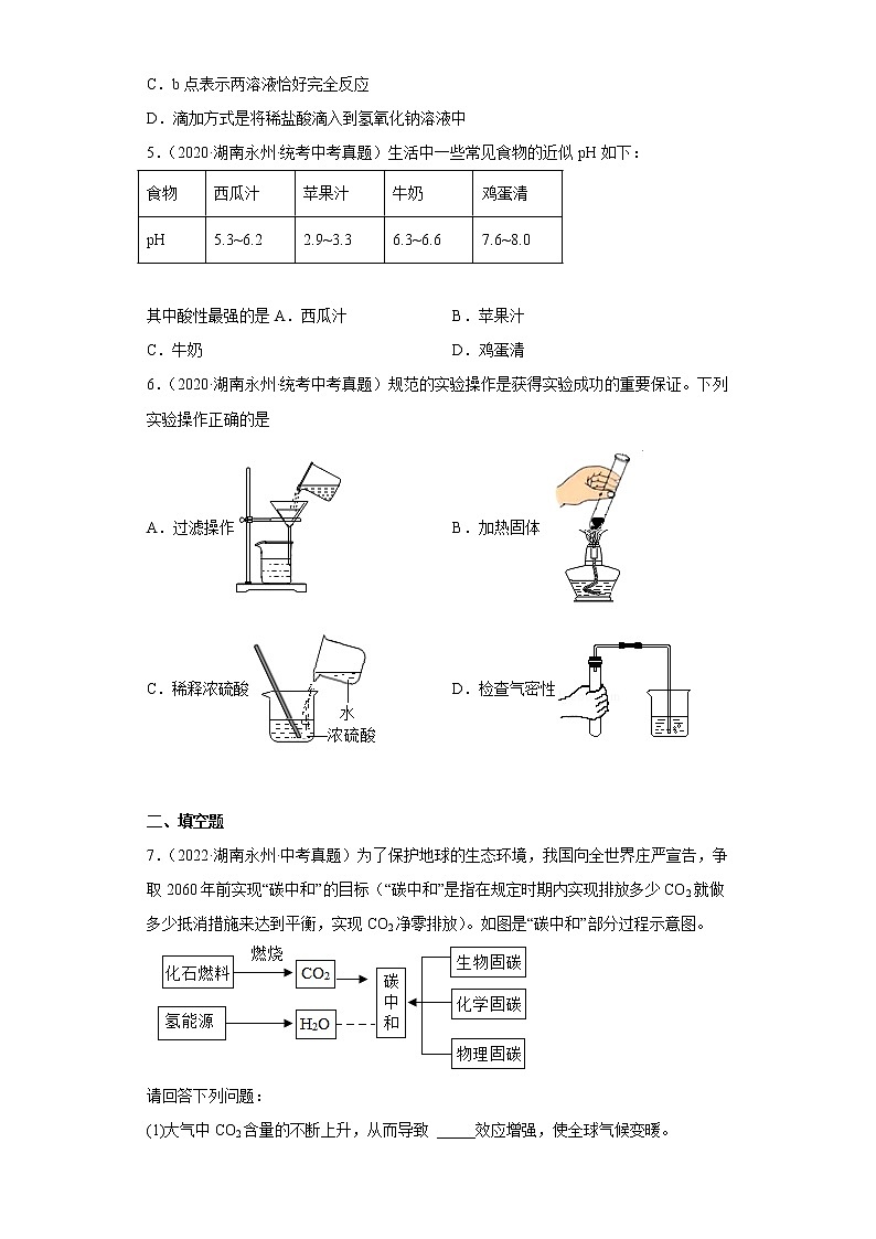 湖南永州市2020-2022三年中考化学真题知识点分类汇编-04生活中常见的化合物02