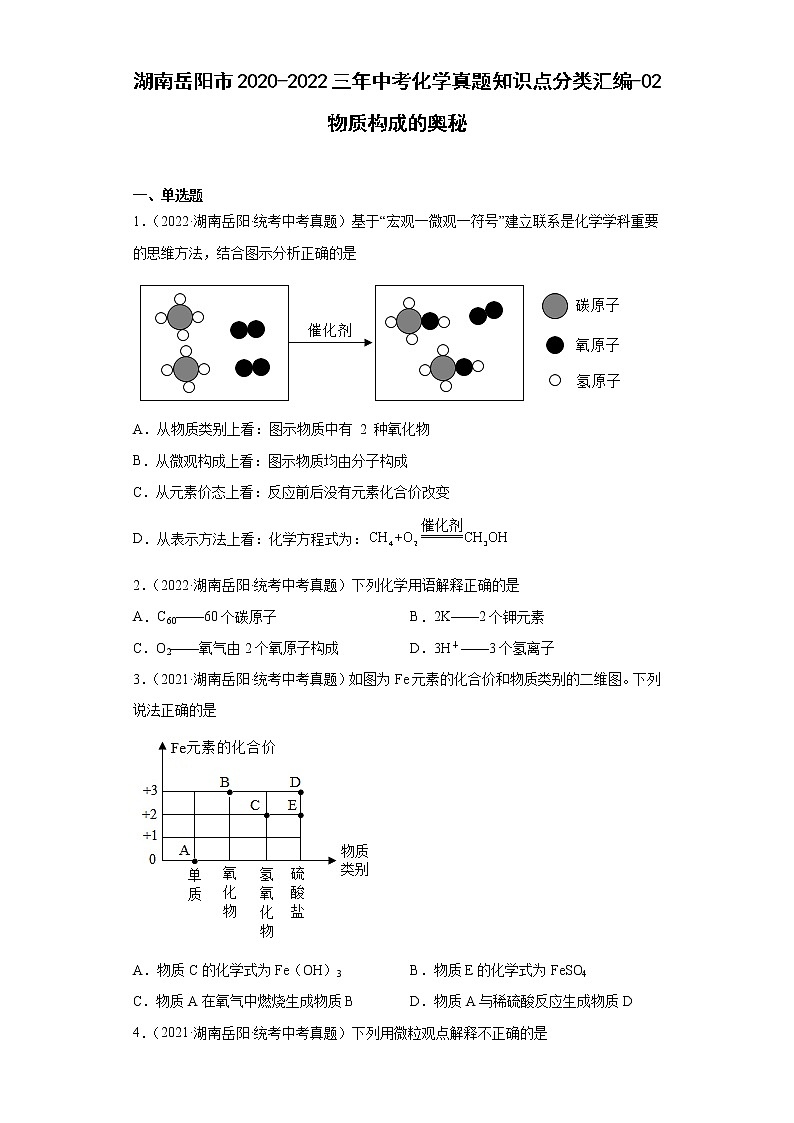 湖南岳阳市2020-2022三年中考化学真题知识点分类汇编-02物质构成的奥秘第1页