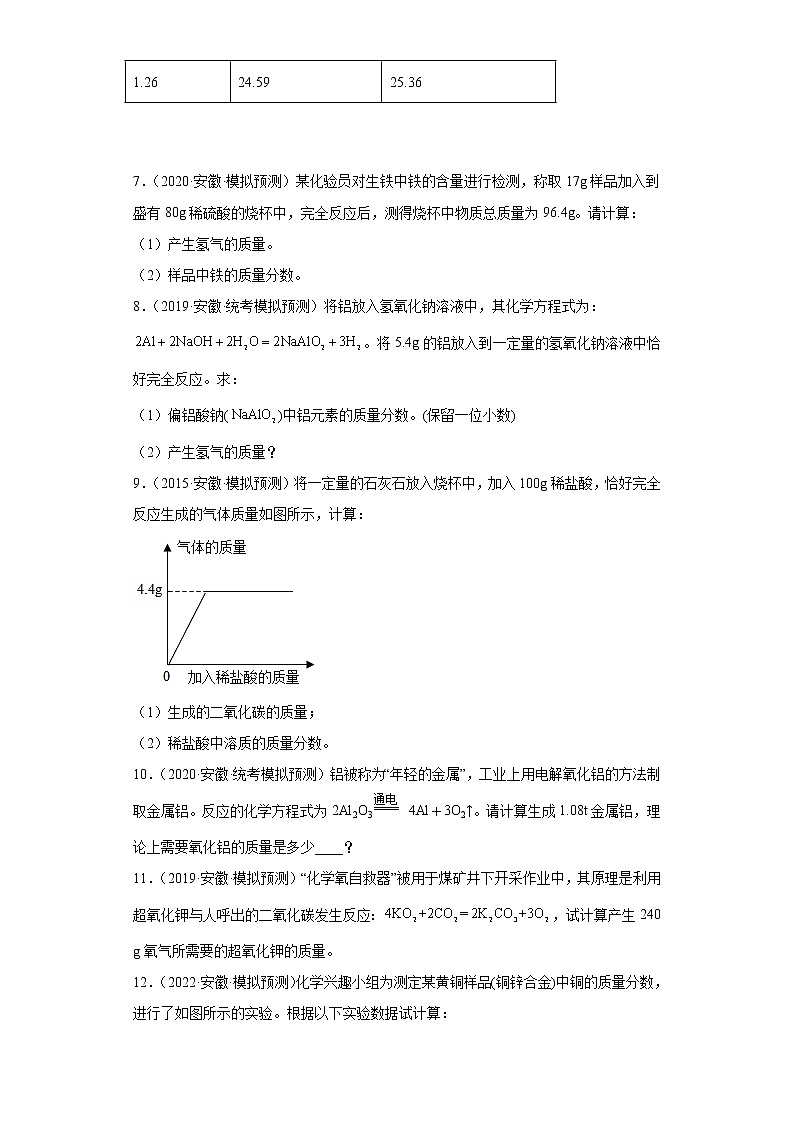 安徽省各地区2022年中考化学模拟试题汇编-计算题（基础题-省考模拟）03