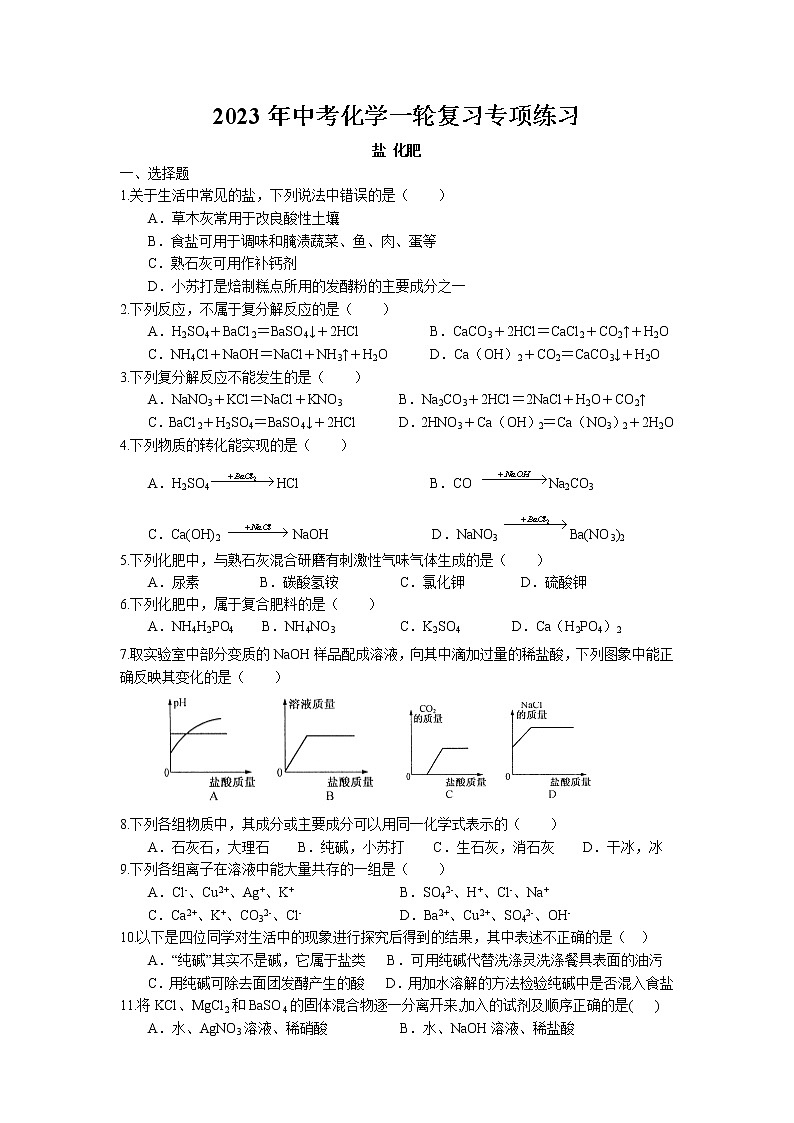 2023年中考人教版化学一轮复习专项练习--盐 化肥第1页