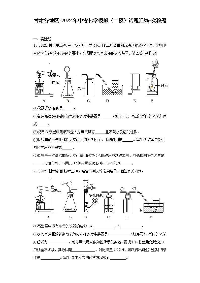 甘肃各地区2022年中考化学模拟（二模）试题汇编-实验题01
