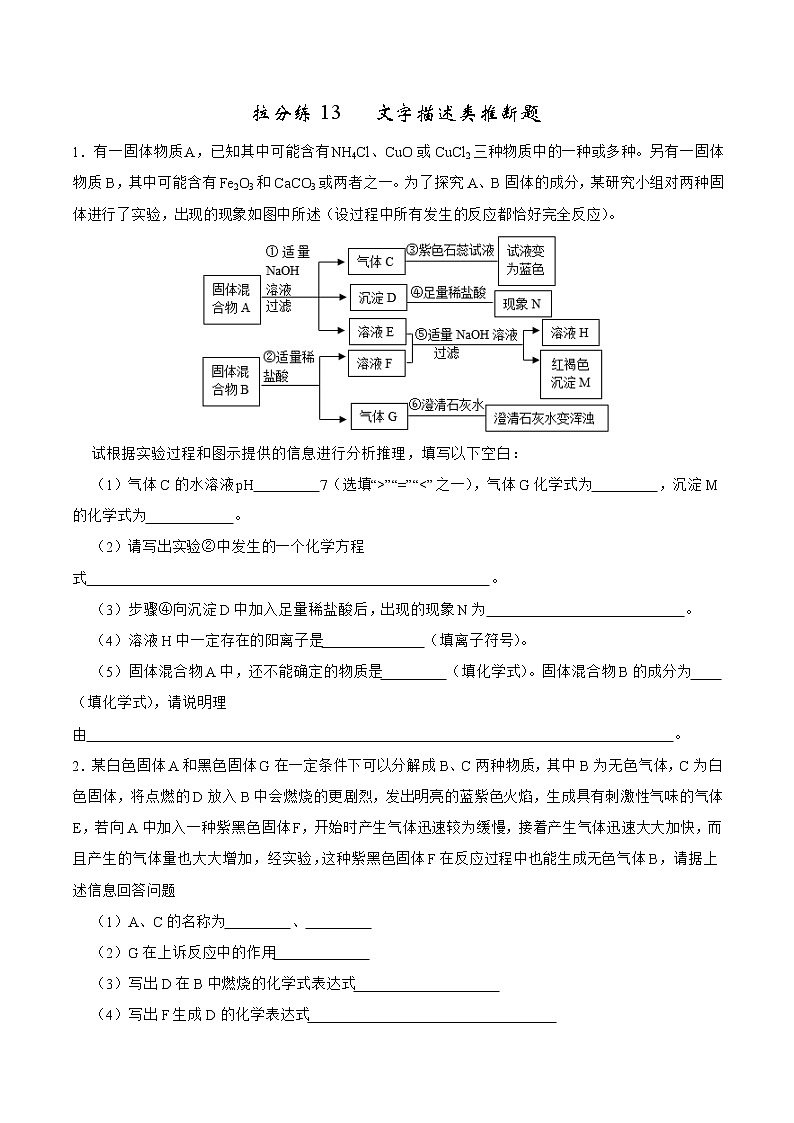 拉分练13  文字描述类推断题-中考化学拉分题专练—实验探究及推断题01
