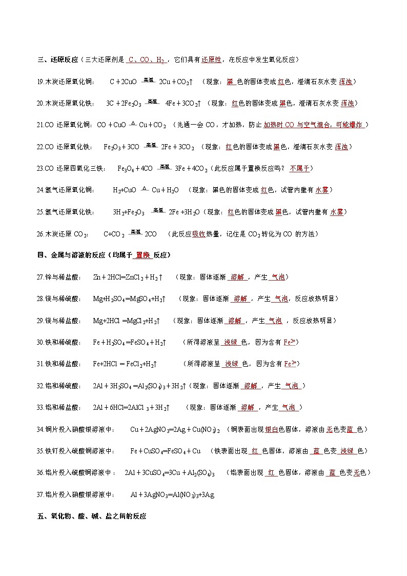 知识清单01 化学方程式、现象或注意点-中考化学考前必备重难点知识清单02