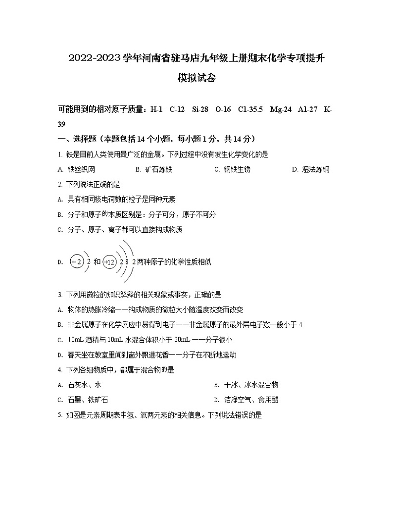 2022-2023学年河南省驻马店九年级上册期末化学专项提升模拟试卷（含解析）01