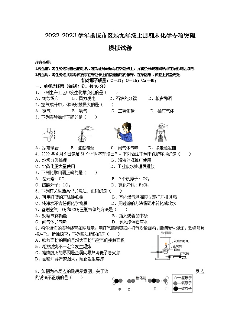 2022-2023学年重庆市区域九年级上册期末化学专项突破模拟试卷（含解析）01
