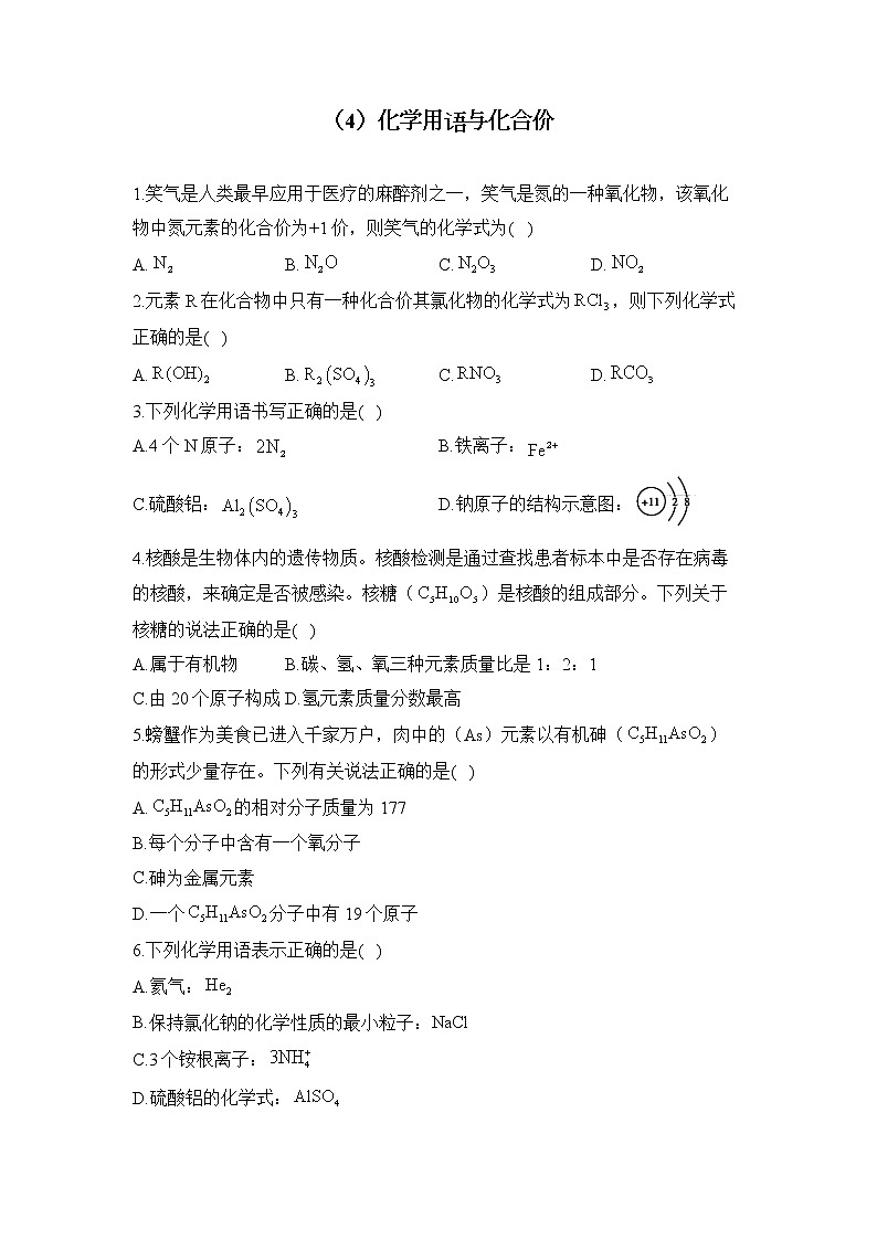 2023届中考化学一轮复习 专项训练（4）化学用语与化合价第1页