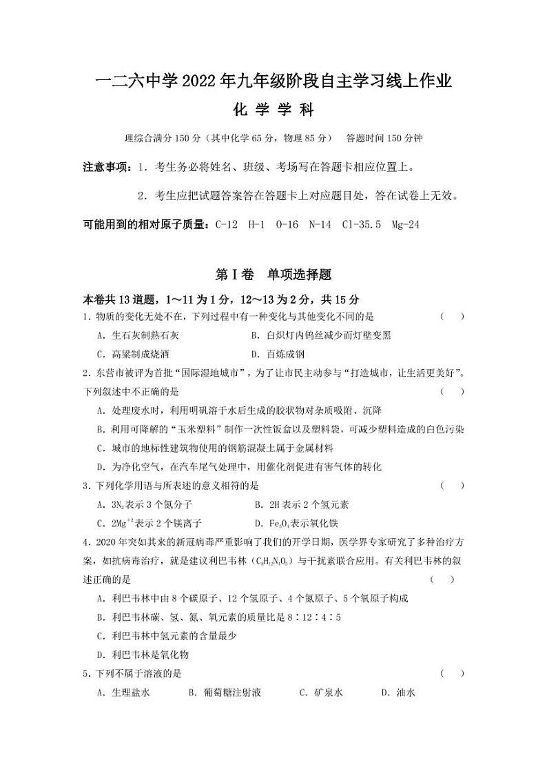 辽宁省沈阳市一二六中学2021-2022学年九年级下学期阶段自主学习线上作业——化学试卷第1页