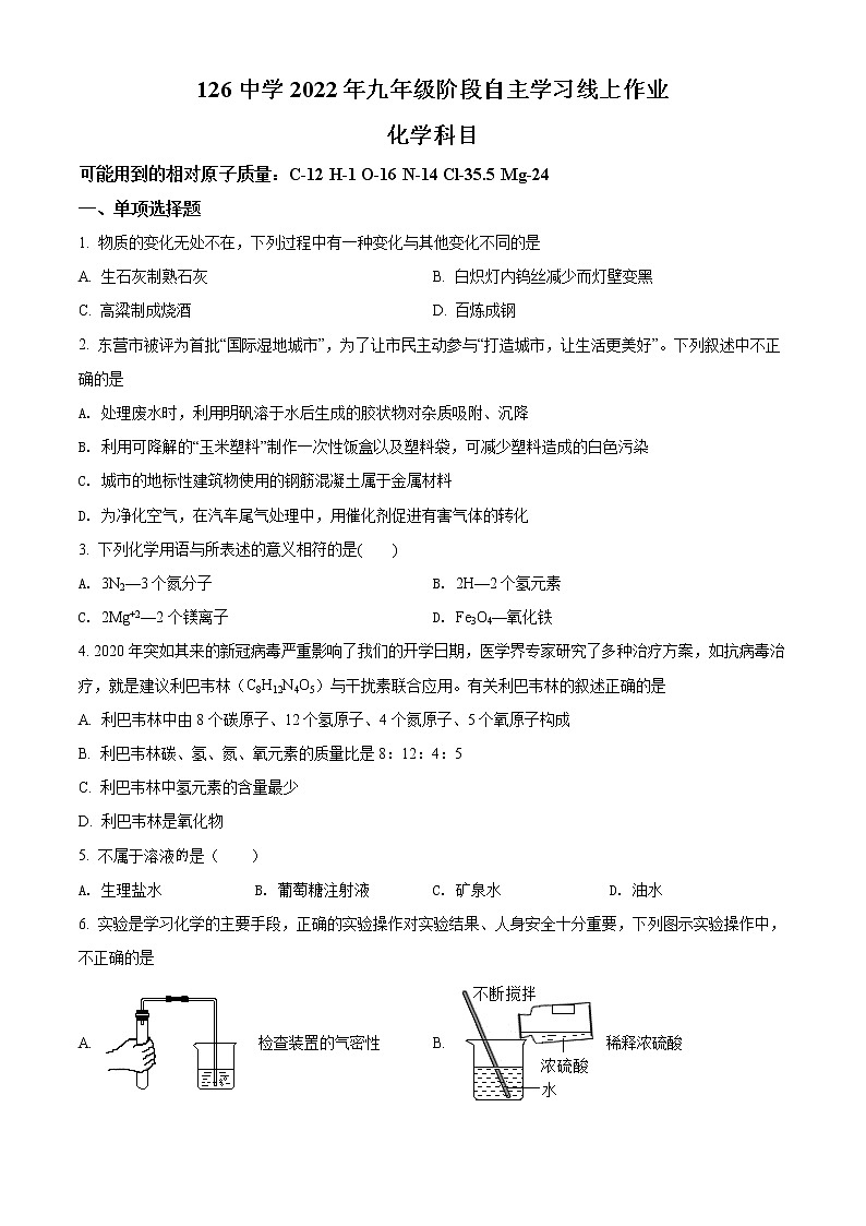 精品解析：辽宁省沈阳市第一二六中学2021-2022学年九年级下学期4月阶段自主学习线上测试化学试题（原卷版）第1页