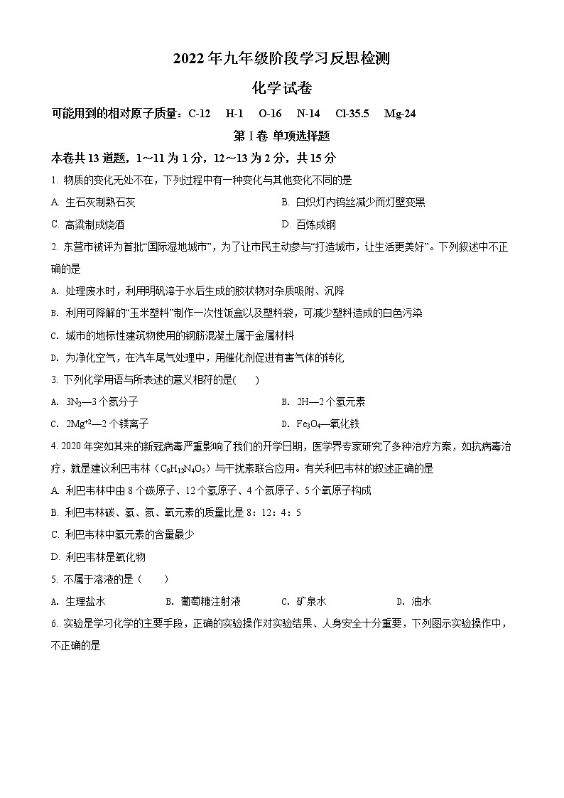 辽宁省沈阳市和平区2021-2022学年九年级下学期阶段学习反思检测化学试题01