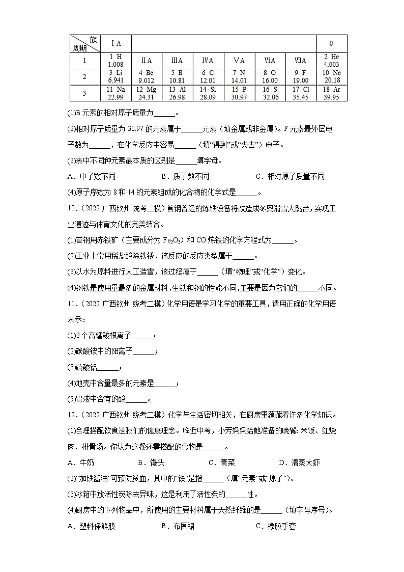 广西各地区2022年中考化学模拟（二模）试题汇编-填空题（基础题）第3页