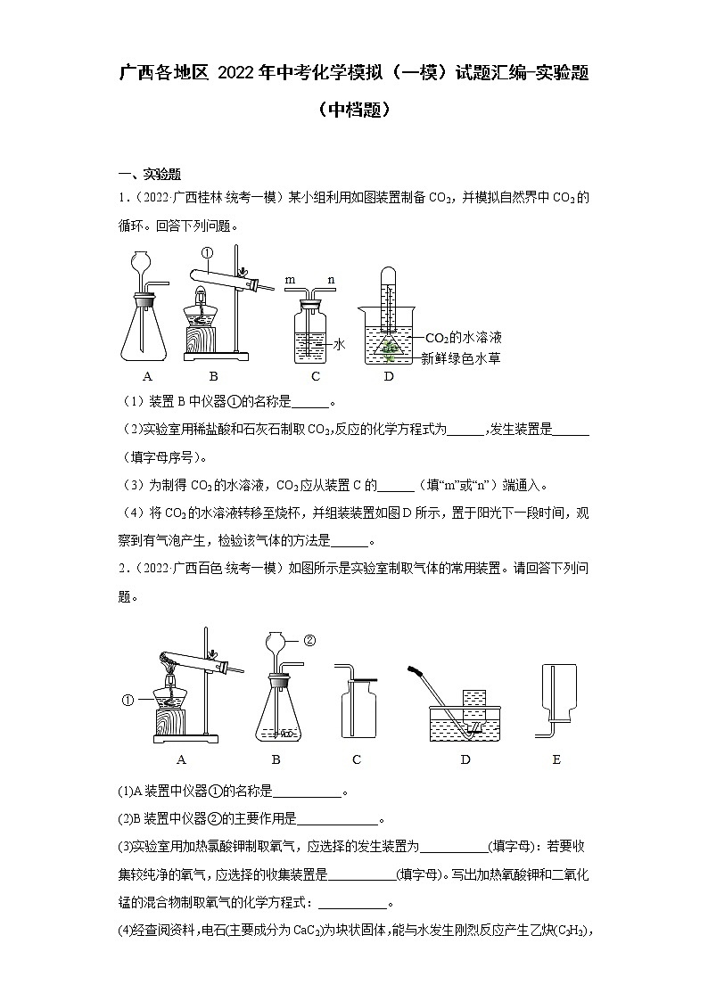 广西各地区2022年中考化学模拟（一模）试题汇编-实验题（中档题）01